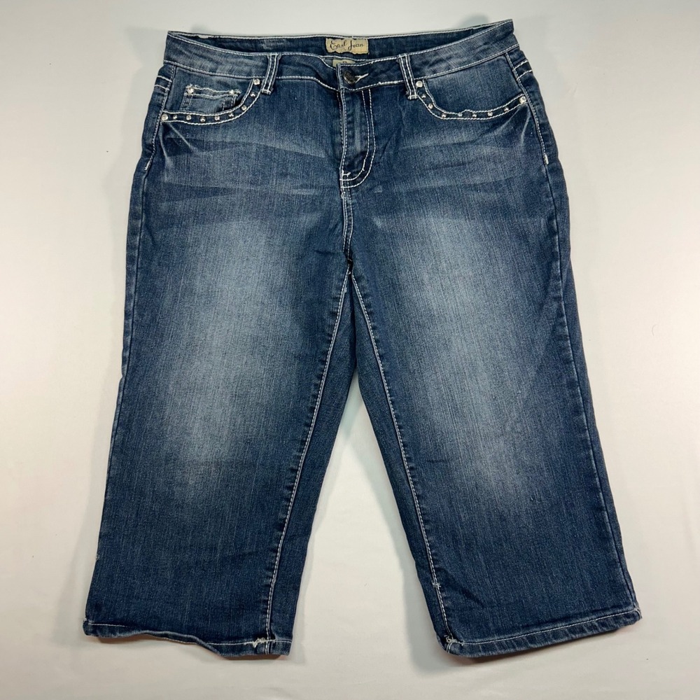 Earl Jean Womens 12 Blue Denim Capri Pants Rhinestone Cross Embellished Y2K